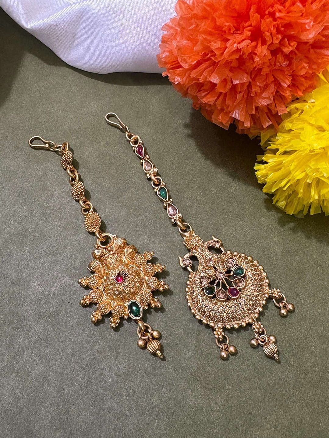 ATIBELLE Set of 2 Gold-Plated Stone Studded & Beaded Floral & Peacock Shaped Maang Tikkas - Image 1