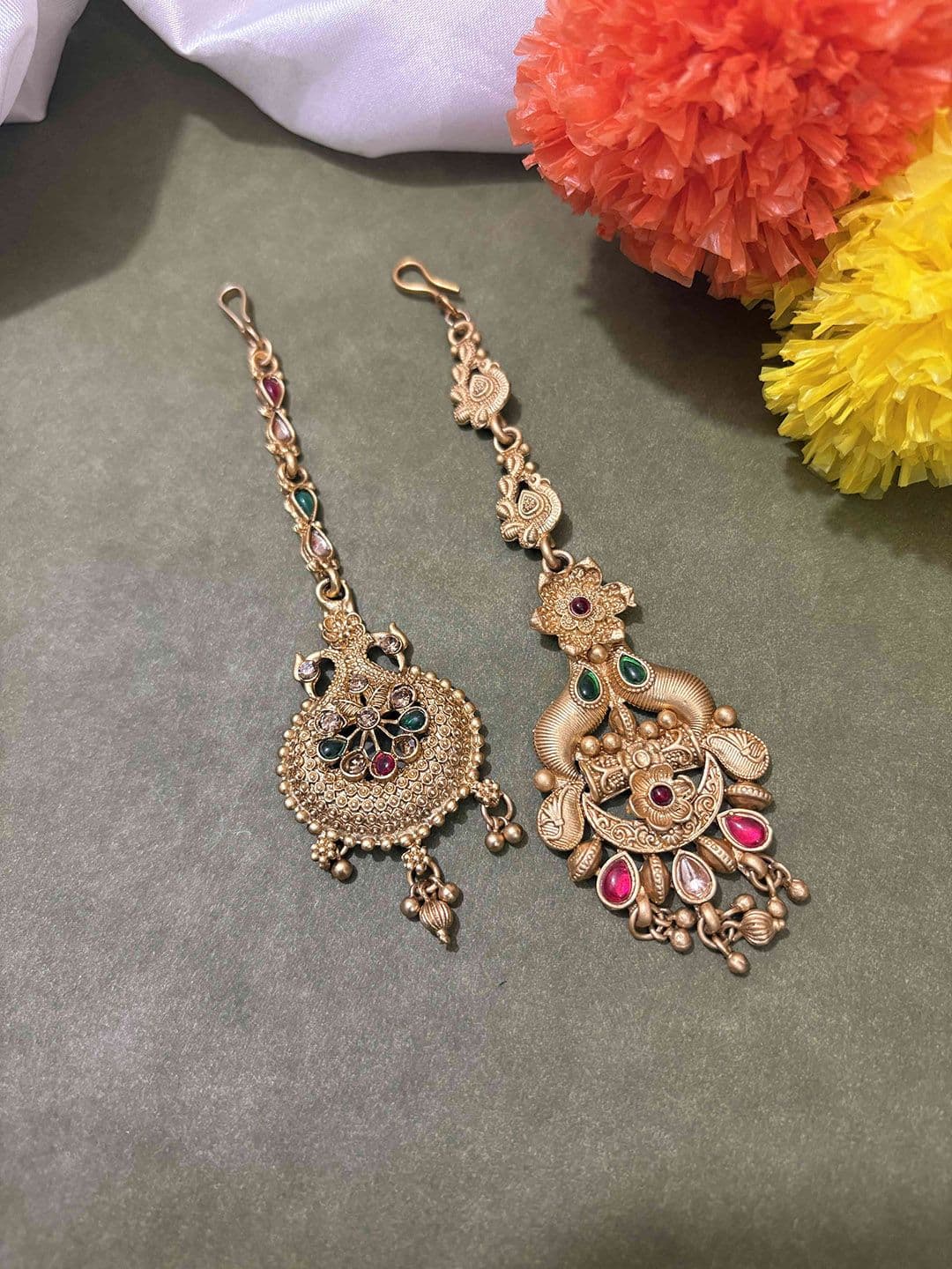 ATIBELLE Set Of 2 Gold-Plated Stone Studded Floral Shaped Maang Tikkas Head Jewellery - Image 1