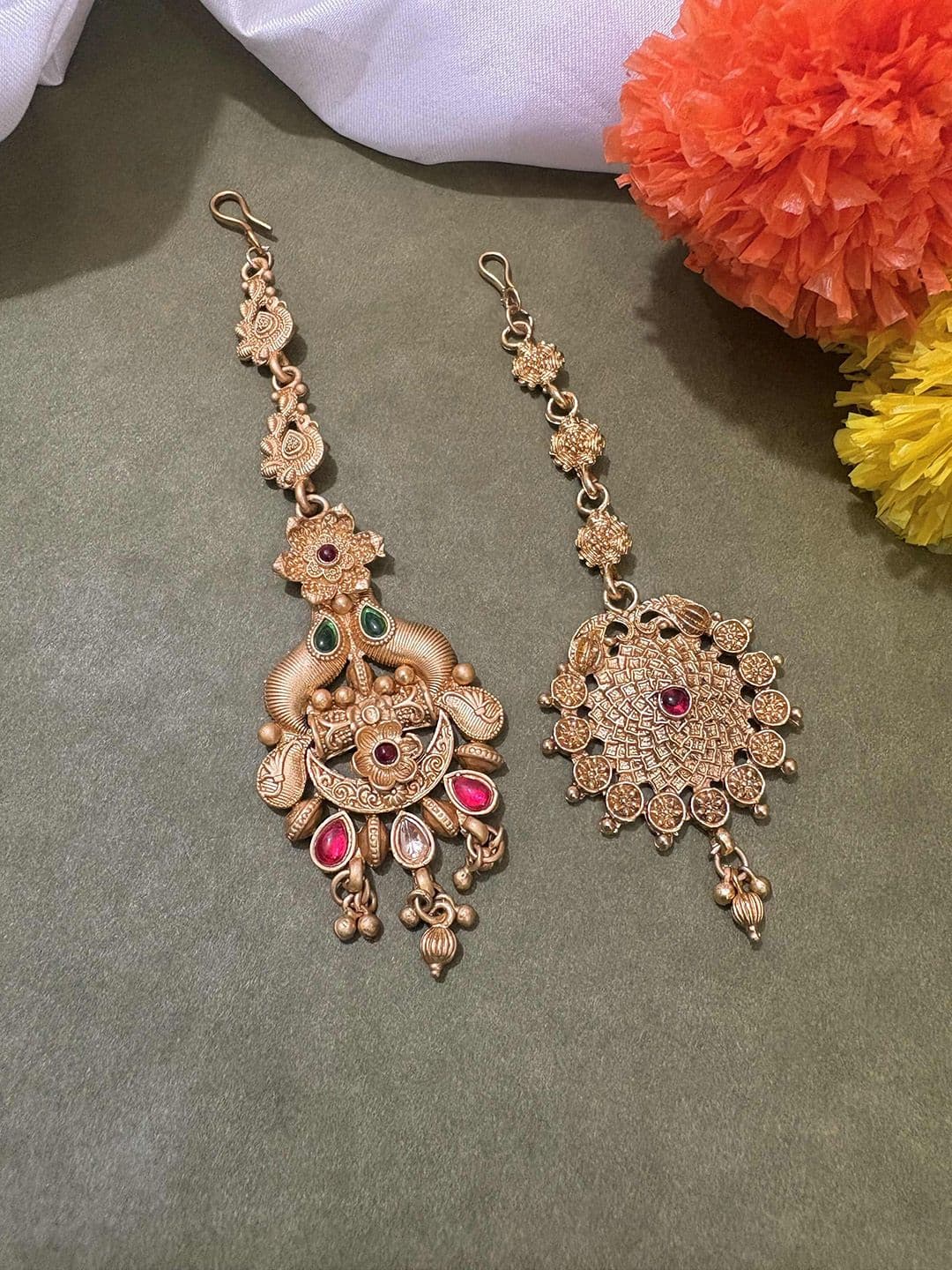 ATIBELLE Set Of 2 Gold-Plated Stone Studded Floral Shaped Maang Tikkas Head Jewellery - Image 1