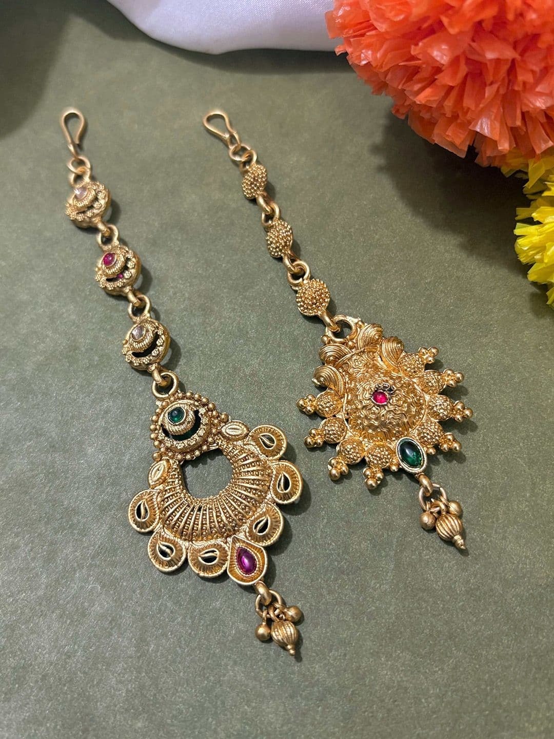 ATIBELLE Set of 2 Gold-Plated Stone Studded & Beaded Floral Shaped Maang Tikkas - Image 1