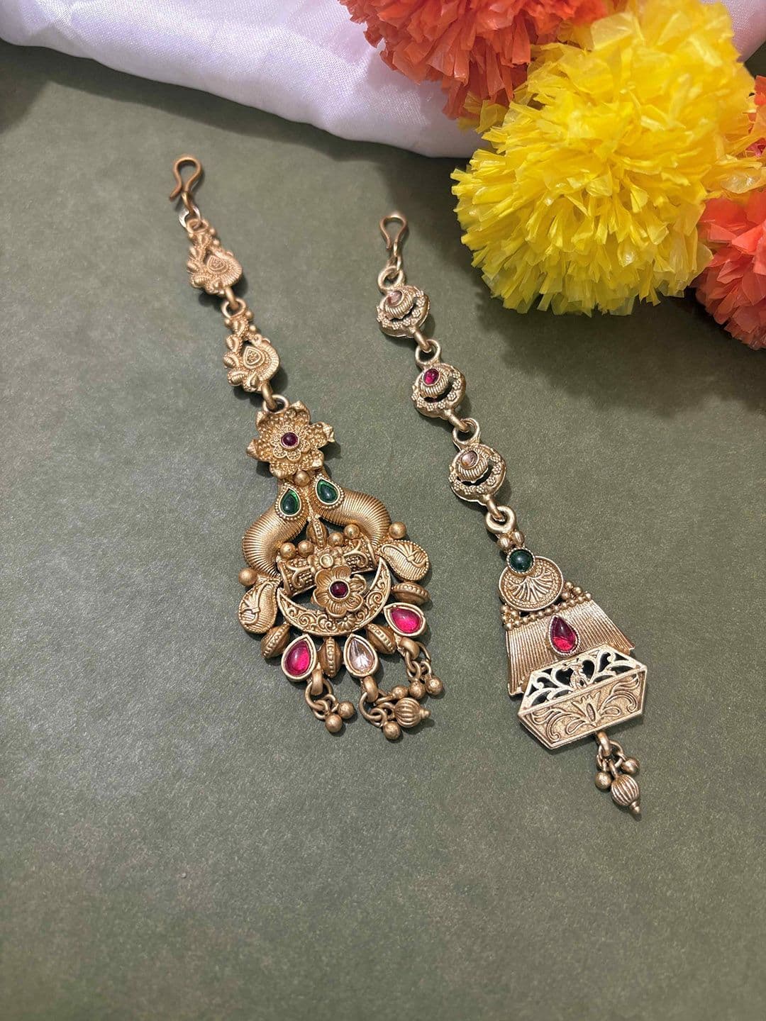 ATIBELLE Set of 2 Gold-Plated Stone Studded & Beaded Floral Shaped Maang Tikkas - Image 1