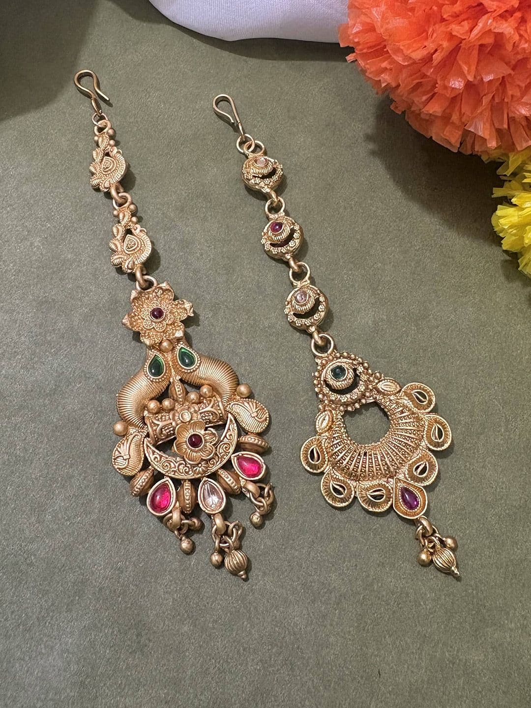ATIBELLE Set Of 2 Gold-Plated Stone Studded Floral Shaped Maang Tikkas Head Jewellery - Image 1