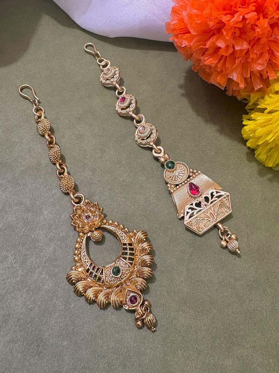 ATIBELLE Set of 2 Gold-Plated Stone Studded & Beaded Floral Shaped Maang Tikkas - Image 1