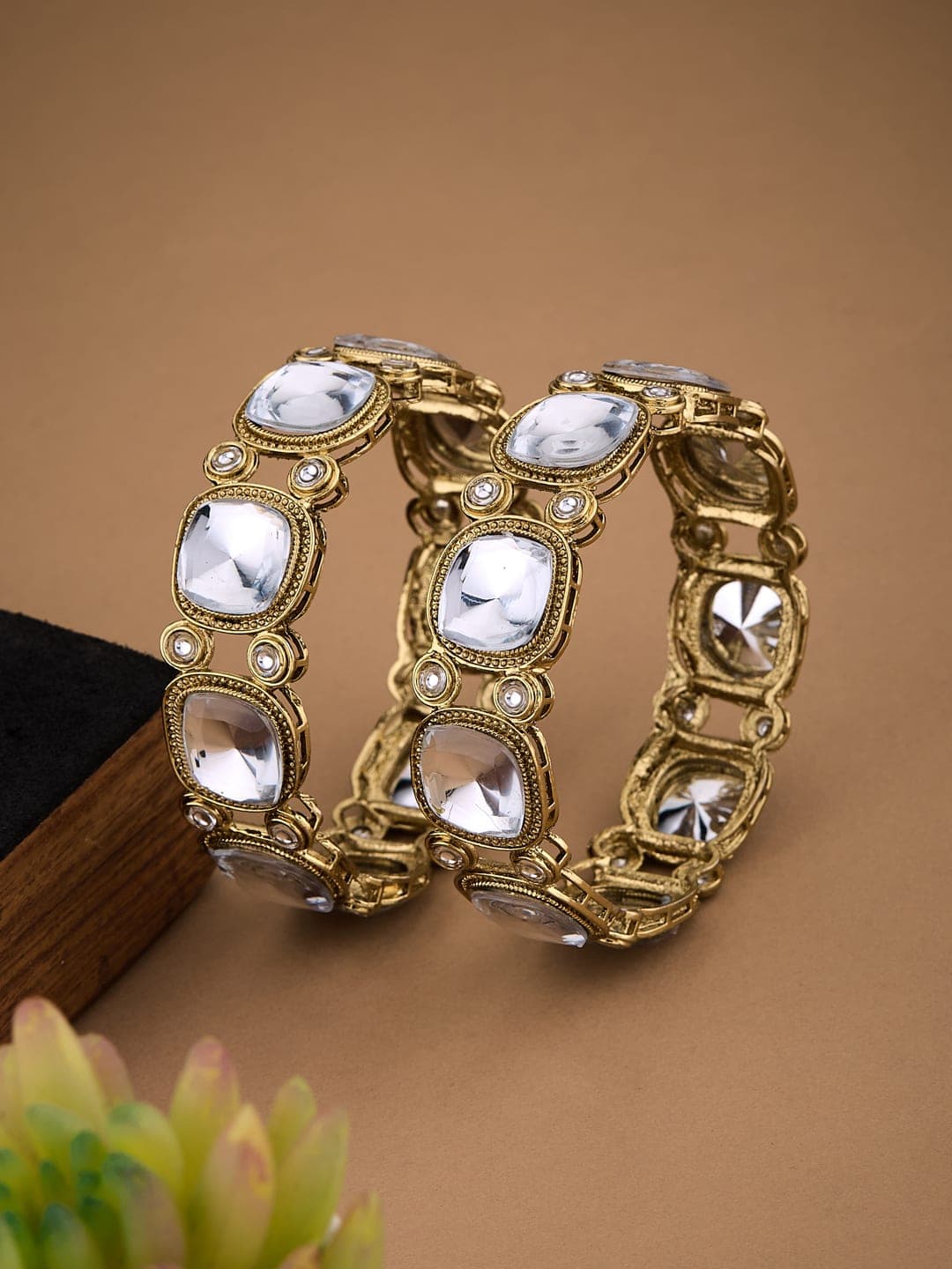 ATIBELLE Set of 2 Gold Plated Kundan Studded Textured Bangles - Image 1