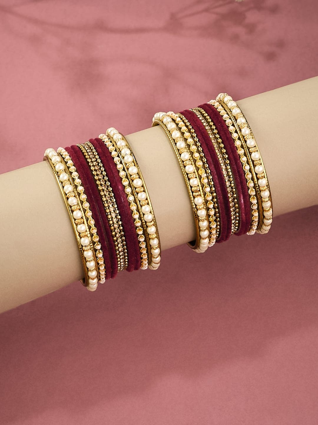 ATIBELLE Set Of 22 Gold Plated Stone Studded-Textured Bangles - Image 1