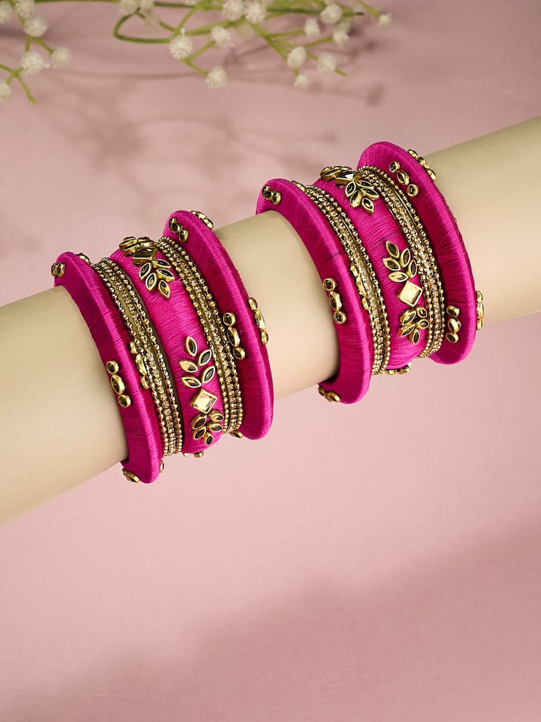 ATIBELLE Set Of 18 Gold-Plated Stone-Studded Thread Bangles - Image 1