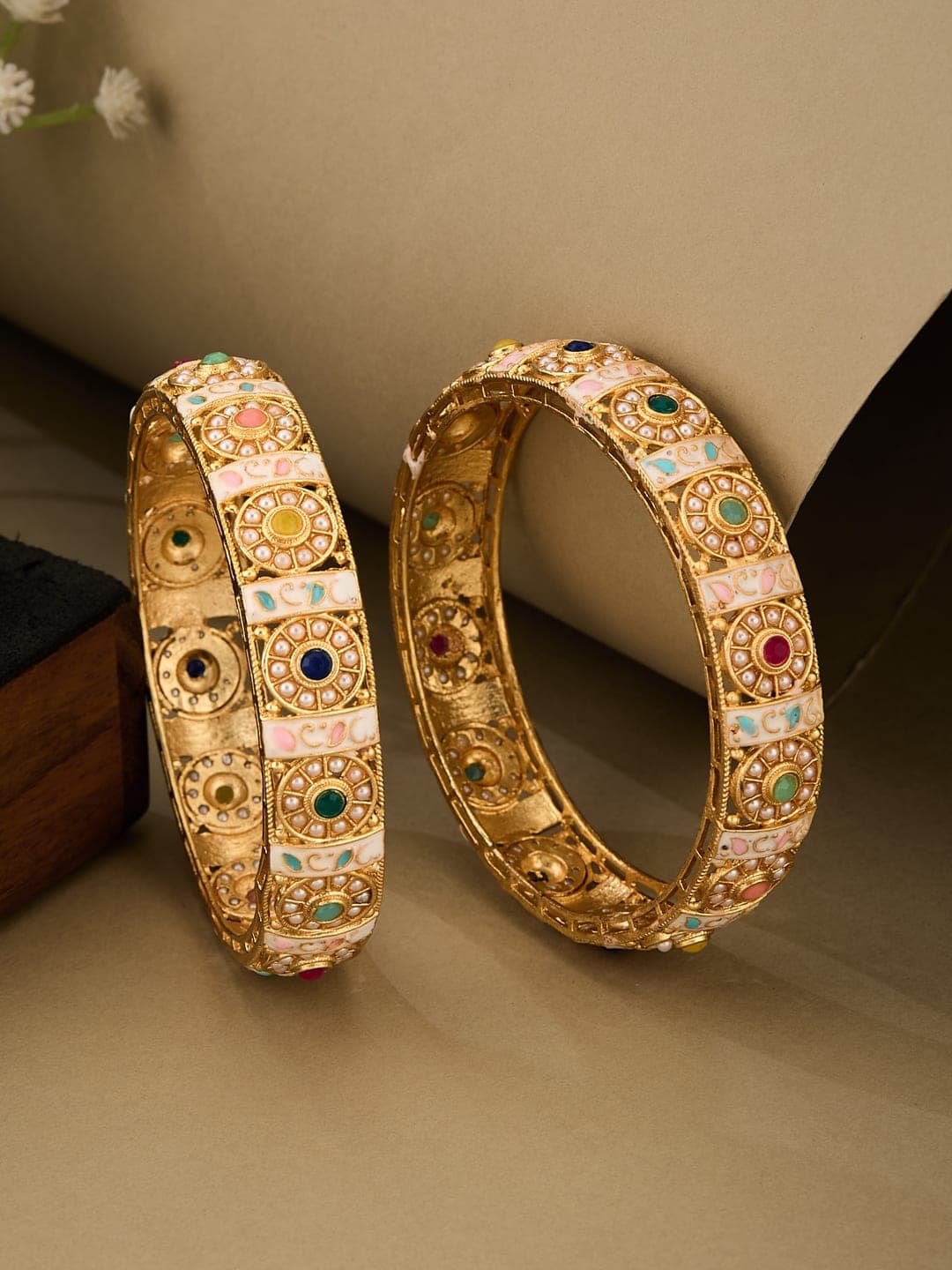 ATIBELLE Set Of 2 Gold-Plated Stone Studded Bangles - Image 1
