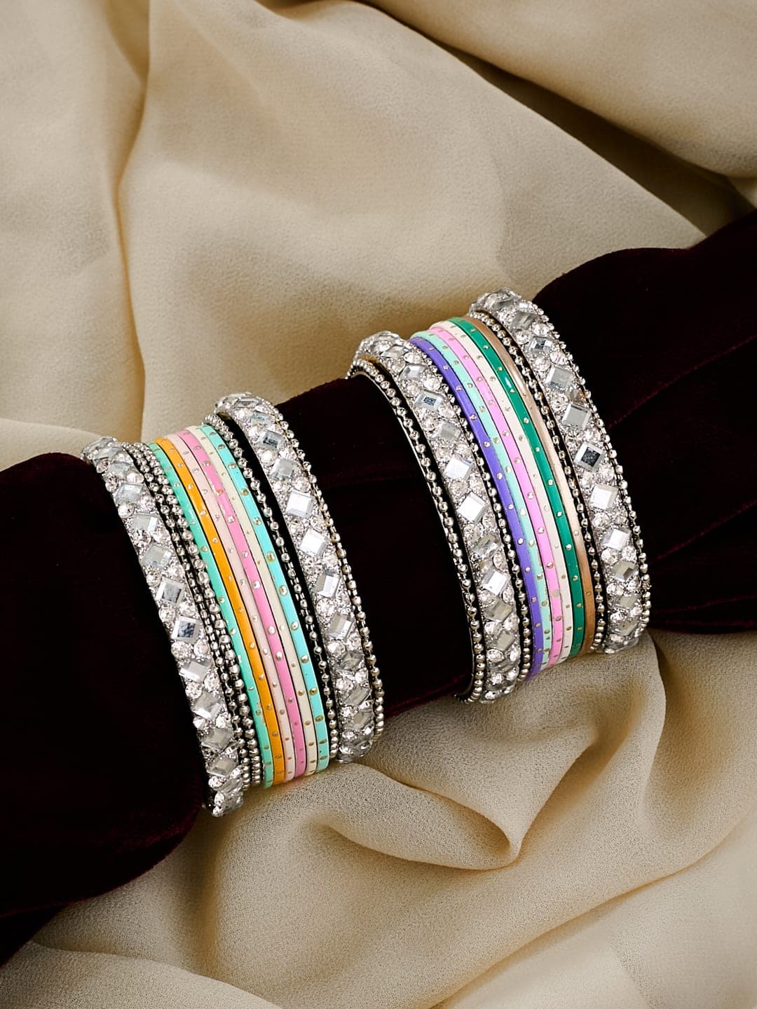 ATIBELLE Set Of 24 Silver Plated Mirror Stones Studded Embellished Bangles - Image 1