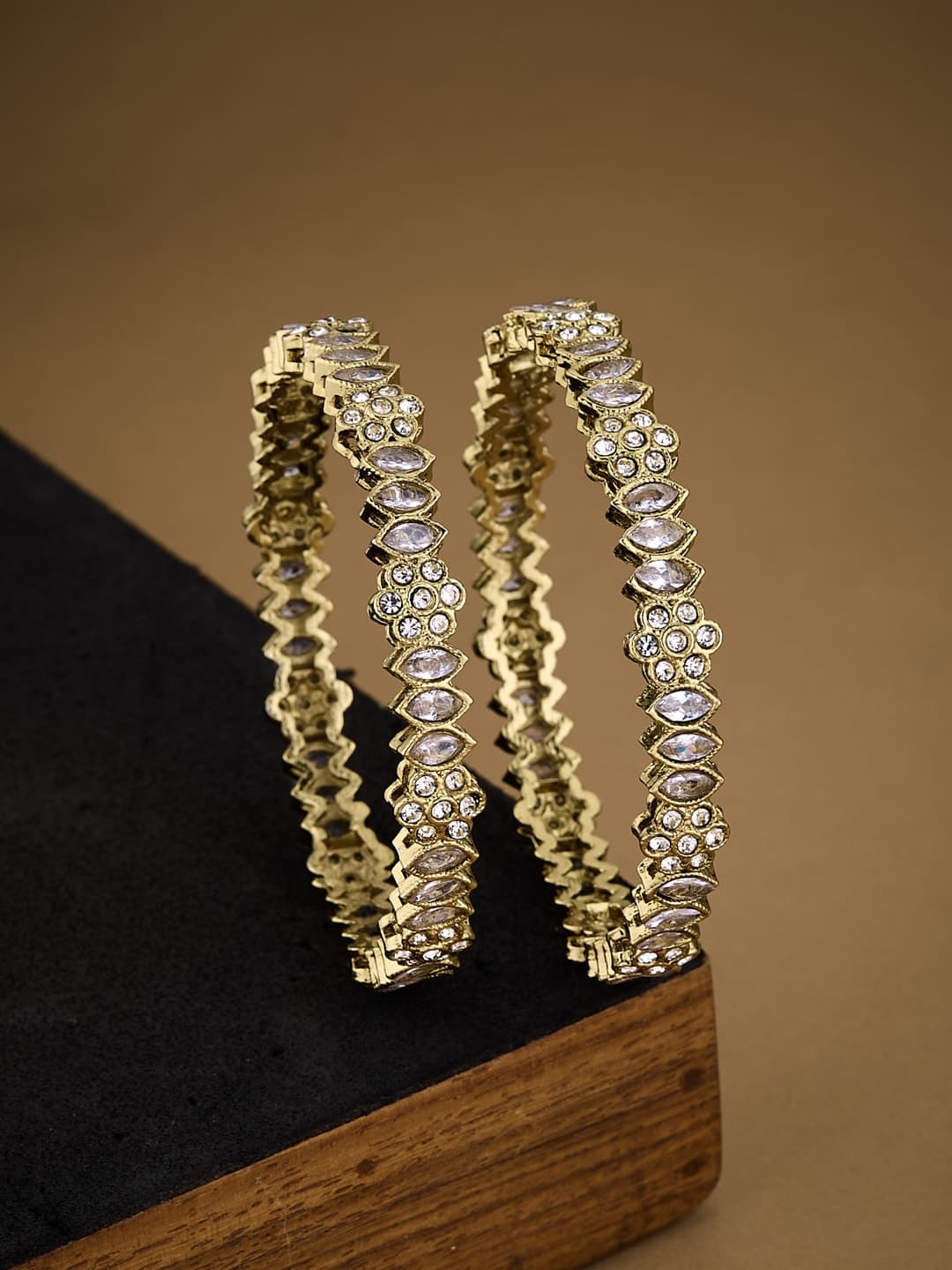 ATIBELLE Set of 2 Gold Plated Stone Studded Floral Shaped Textured Bangles - Image 1