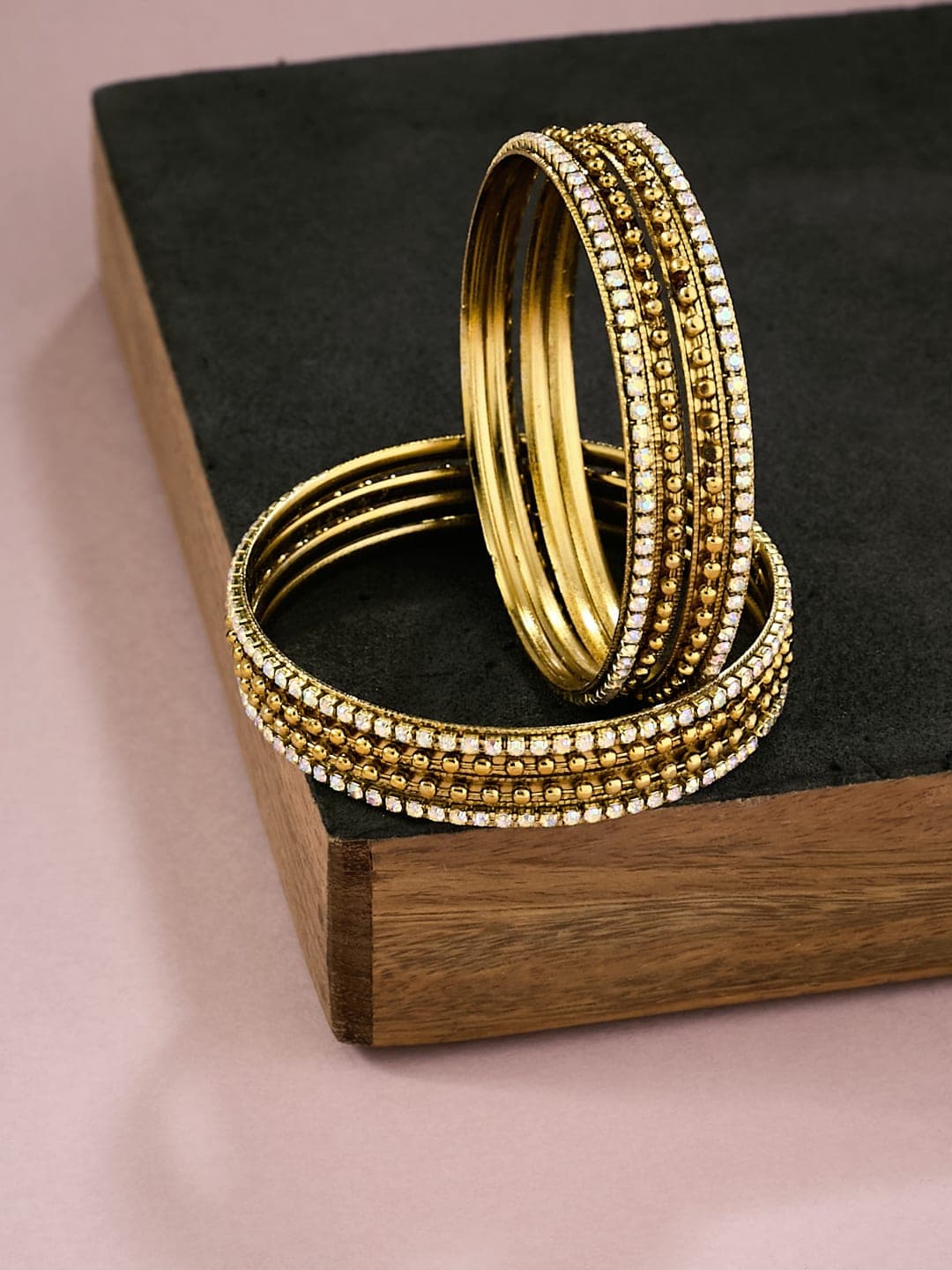 ATIBELLE Set Of 8 Gold-Plated Stone Studded & Beaded Bangles - Image 1