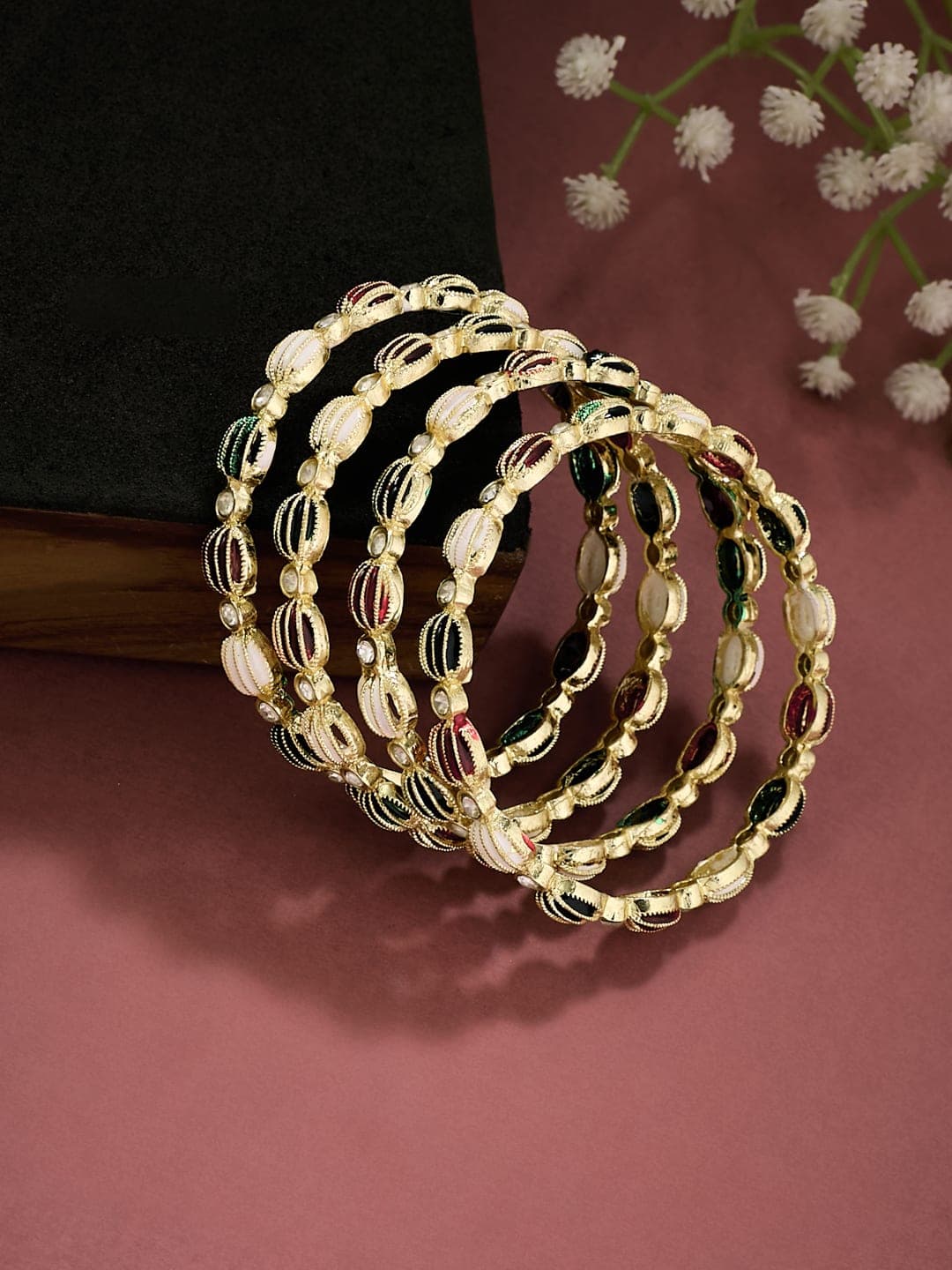 ATIBELLE Set Of 4 Gold-Plated Stone Studded Bangles - Image 1