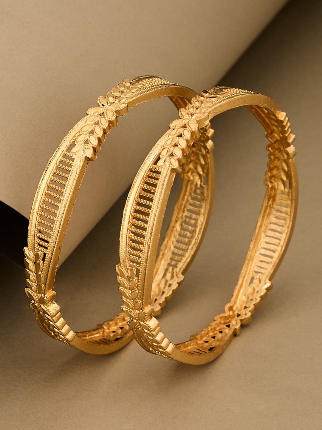 ATIBELLE Set Of 2 Gold-Plated Leaf Shaped Textured Bangles - Image 1