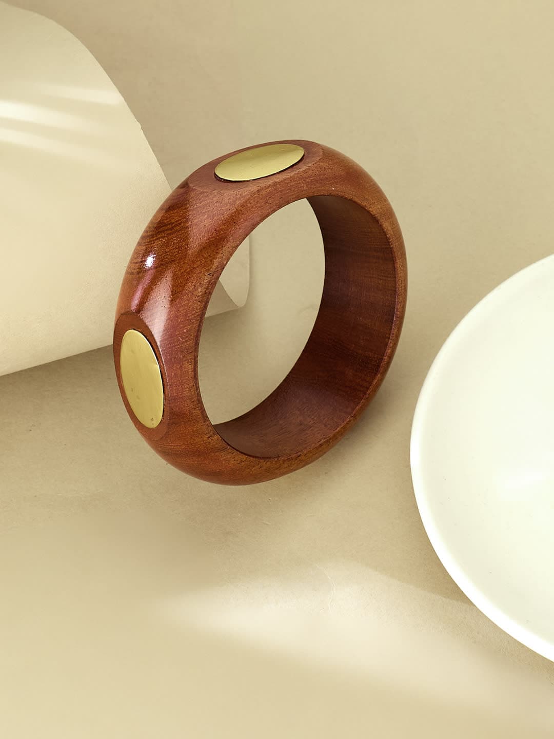 ATIBELLE Gold Plated & Oval-Round Shaped Fusion Wooden Bangle - Image 1