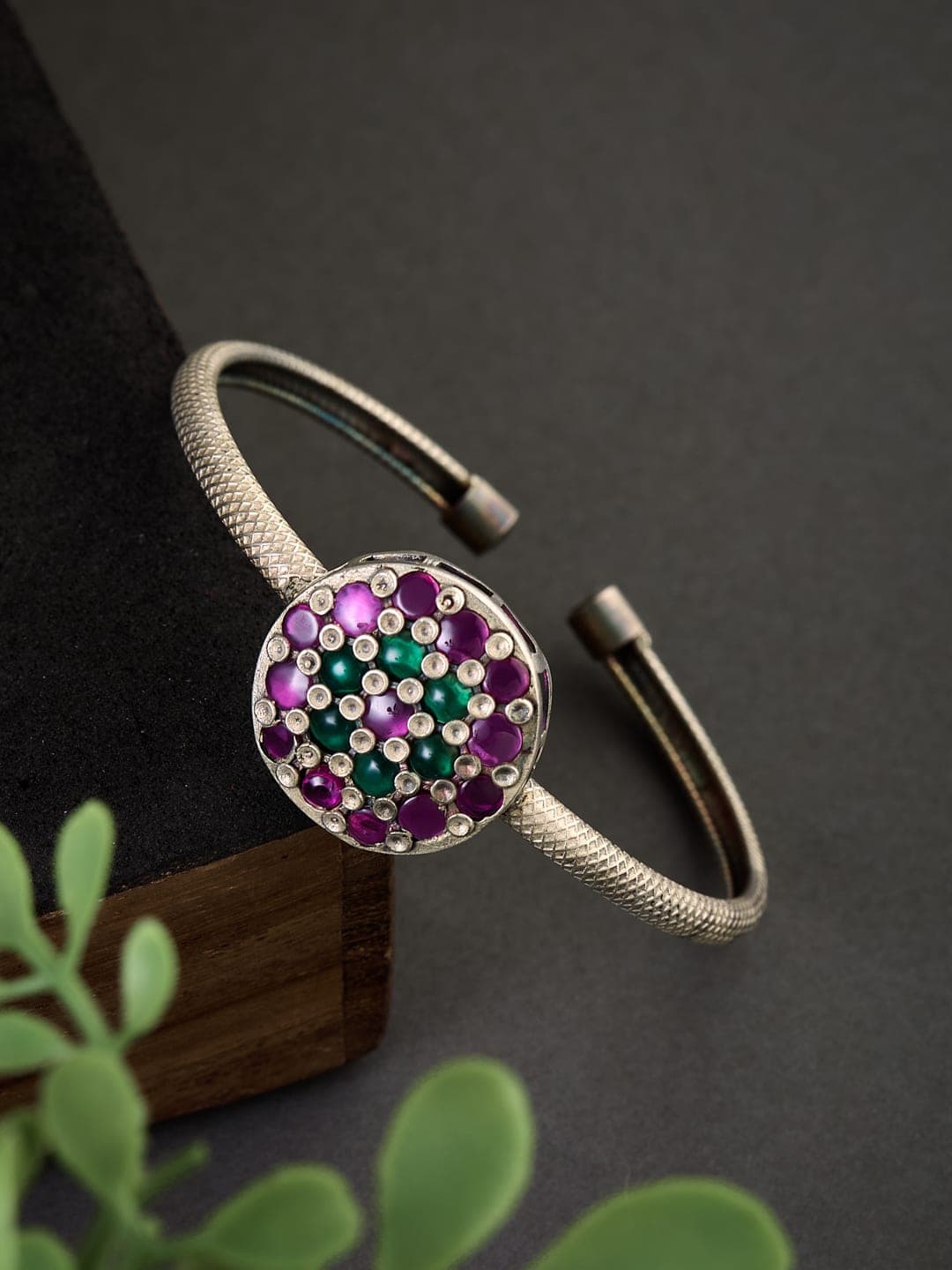 ATIBELLE Silver-Plated Stone Studded Floral Shaped Adjustable Bangle - Image 1