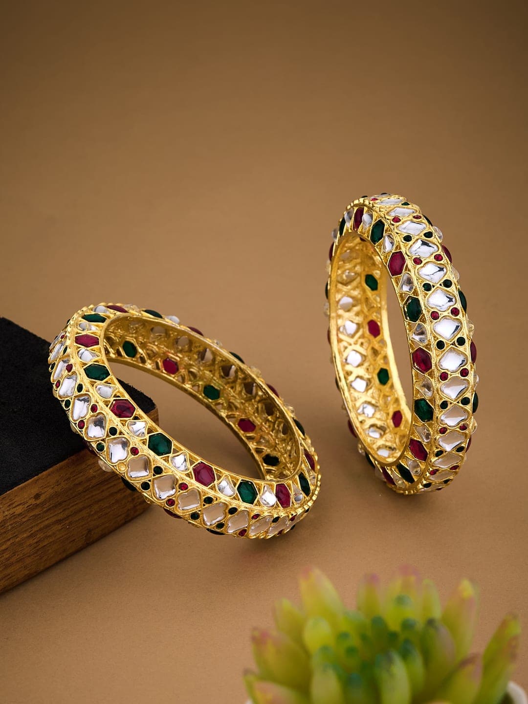 ATIBELLE Set of 2 Gold Plated Kundan Studded Textured Bangles - Image 1