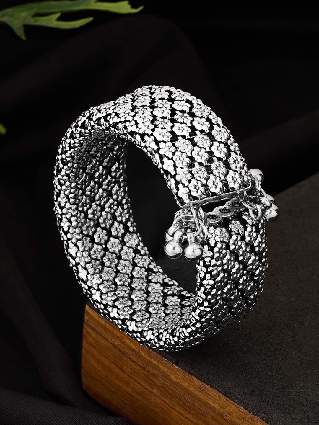 ATIBELLE Silver Plated Floral Shaped Textured Bangle - Image 1