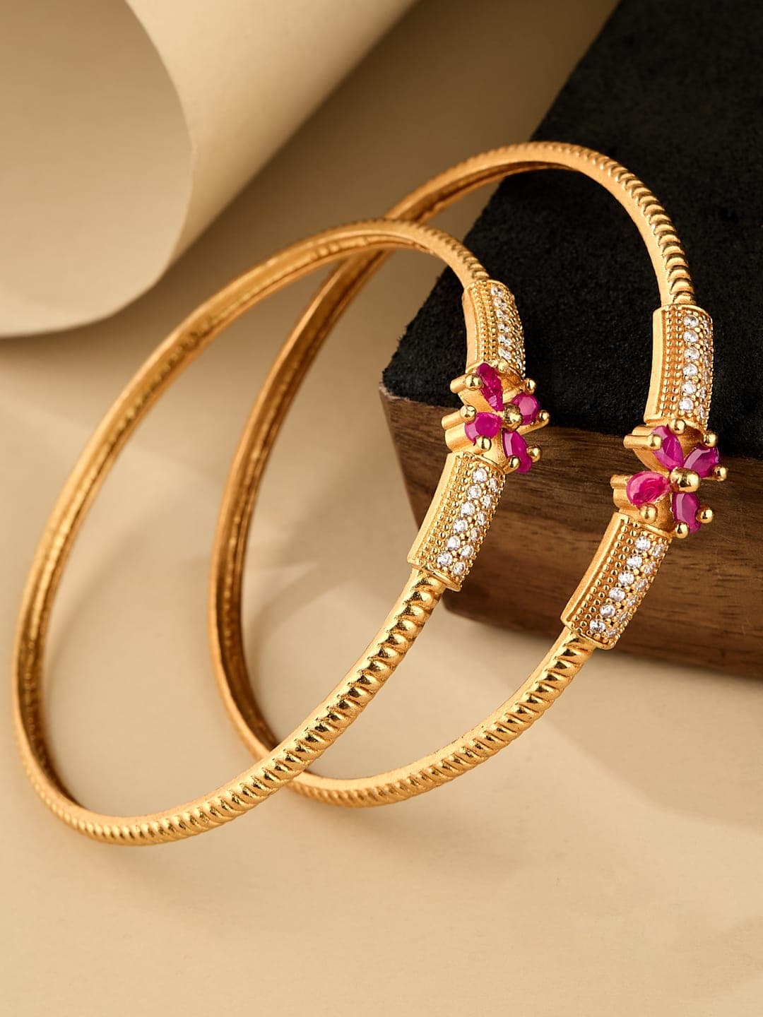 ATIBELLE Set Of 2 Gold-Plated Kundan-Studded Floral Bangles - Image 1