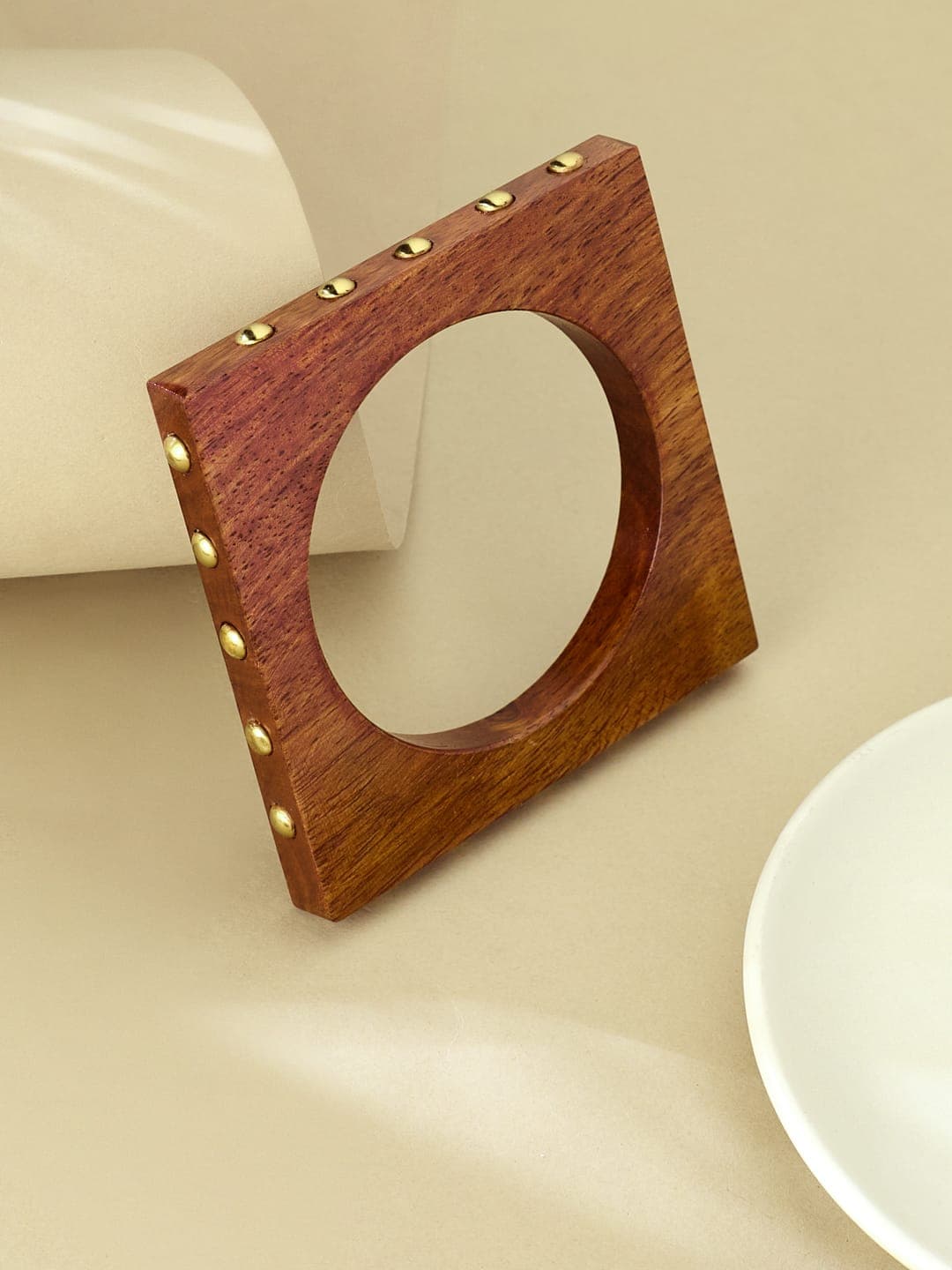 ATIBELLE Gold-Plated Square-Round Shaped Wooden Bangle - Image 1