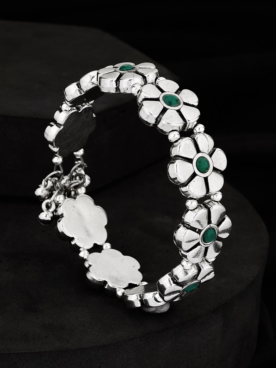 ATIBELLE Silver Plated Artificial Stones Studded Oxidised Floral Shaped Adjustable Bangle - Image 1