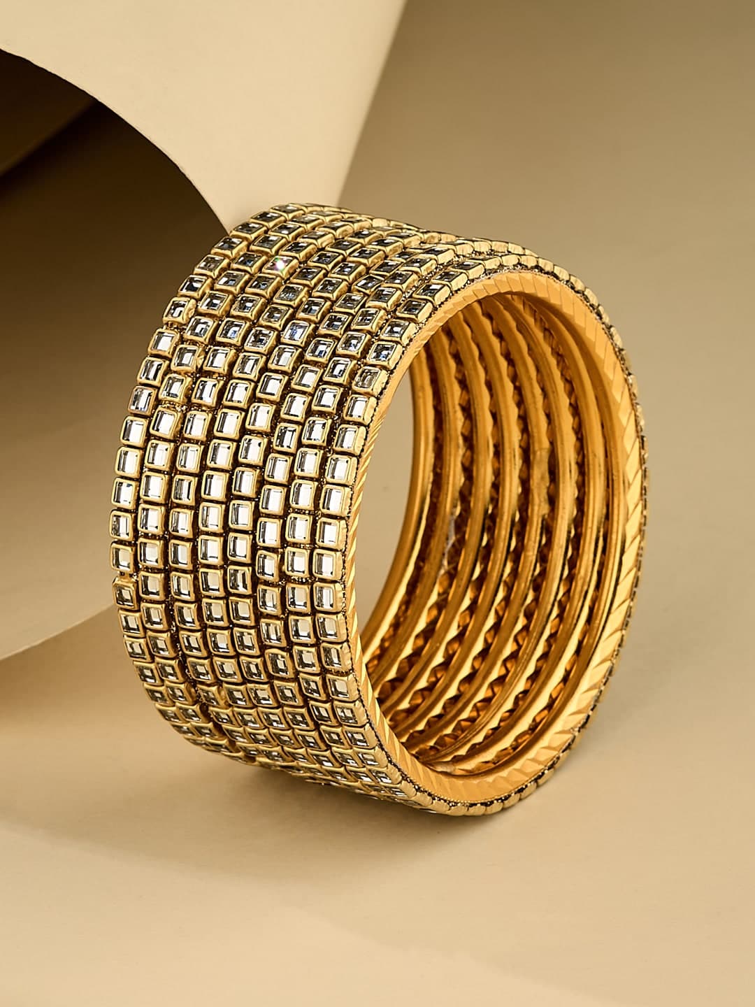ATIBELLE Set Of 8 Gold-Plated Square Stone Studded Classic Bangles - Image 1