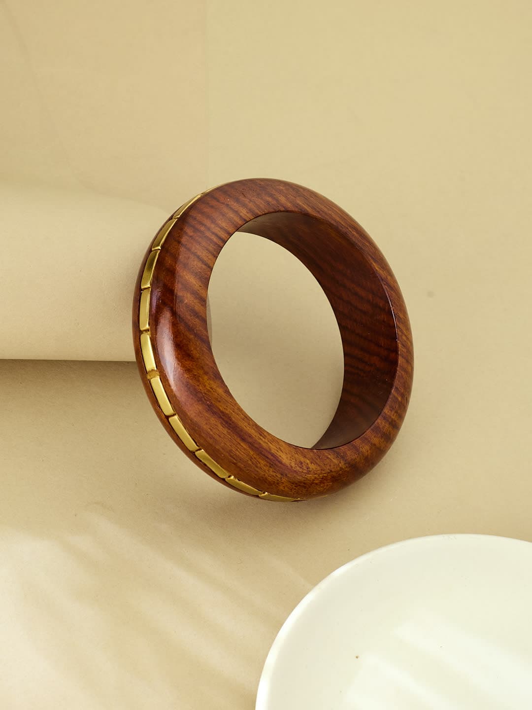 ATIBELLE Gold-Plated Stone-Studded Wooden Bangle - Image 1