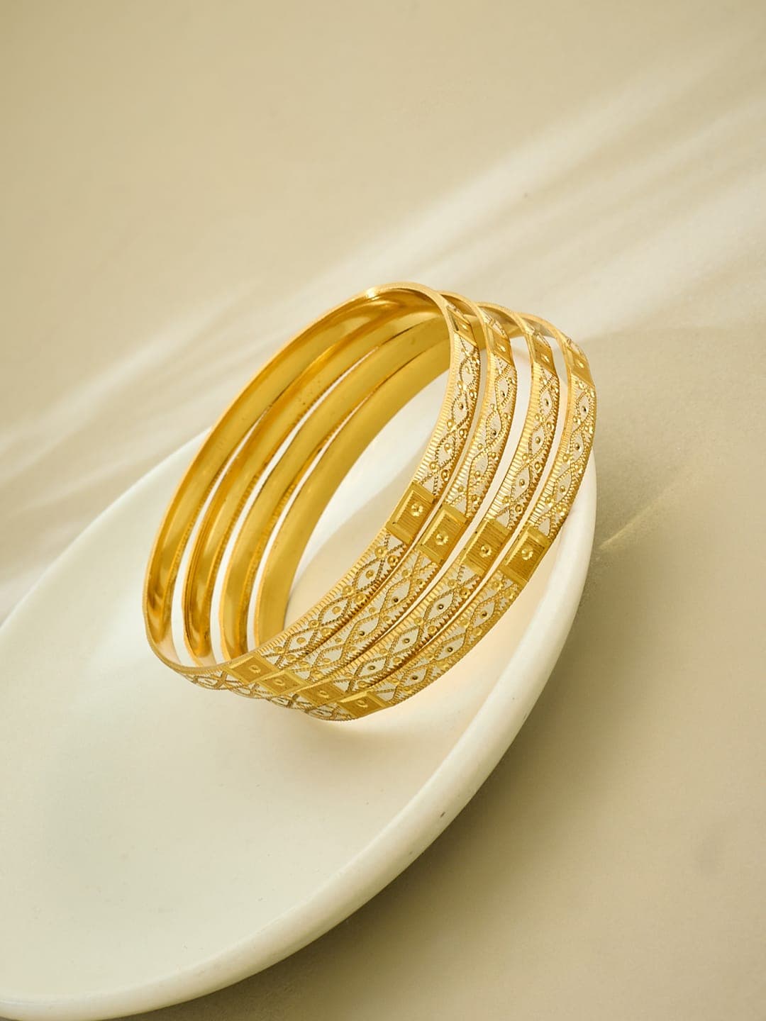 ATIBELLE Set Of 4 Gold Plated Textured Classic Bangles - Image 1