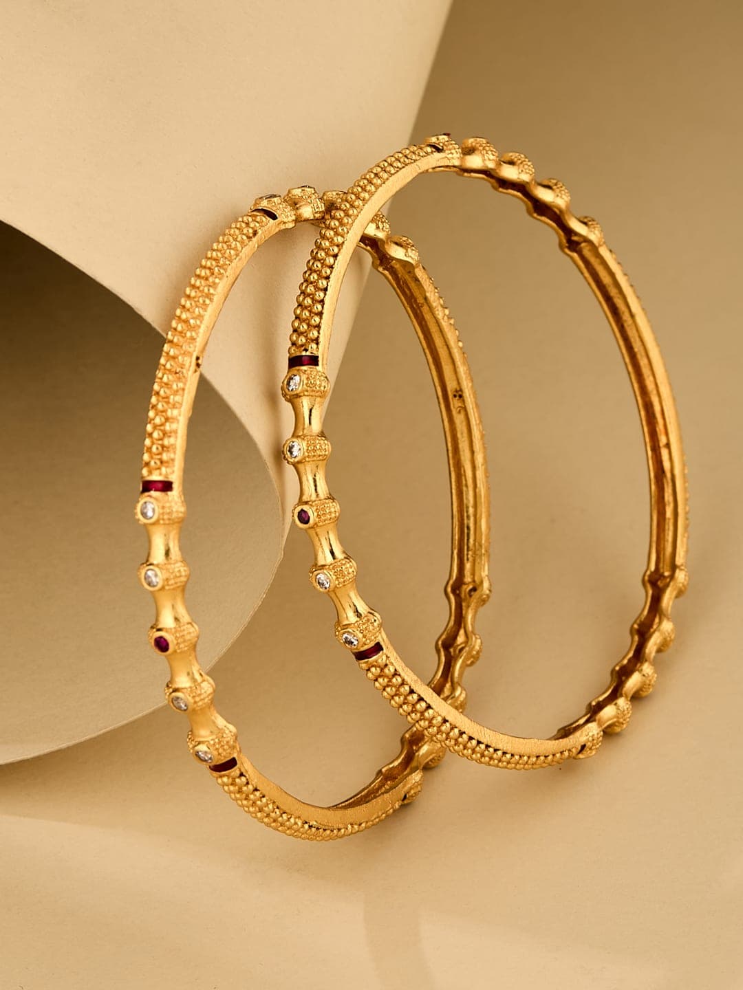 ATIBELLE Set Of 2 Gold-Plated Stone Studded Textured Bangles - Image 1