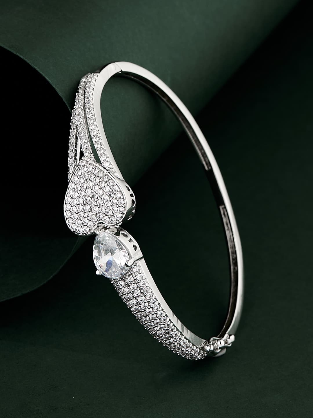 ATIBELLE Women Brass Cubic Zirconia Silver-Plated Bangle-Style Bracelet - Image 1