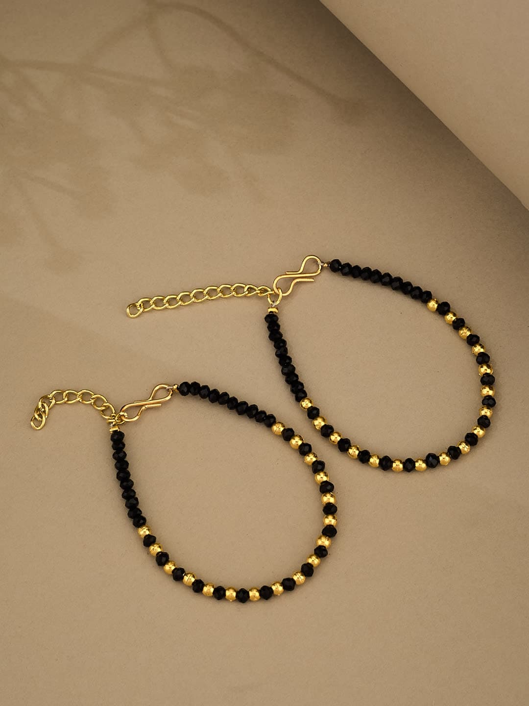 ATIBELLE Set Of 2 Gold-Plated Artificial Stone Studded And Beaded Wraparound Bracelet - Image 1