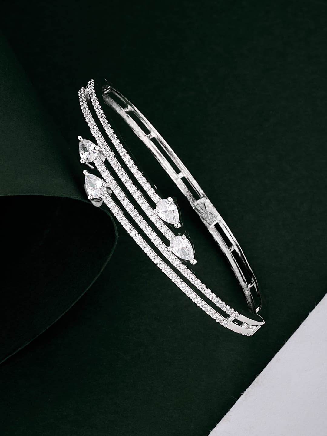 ATIBELLE Women Brass Cubic Zirconia Silver-Plated Cuff Bracelet - Image 1