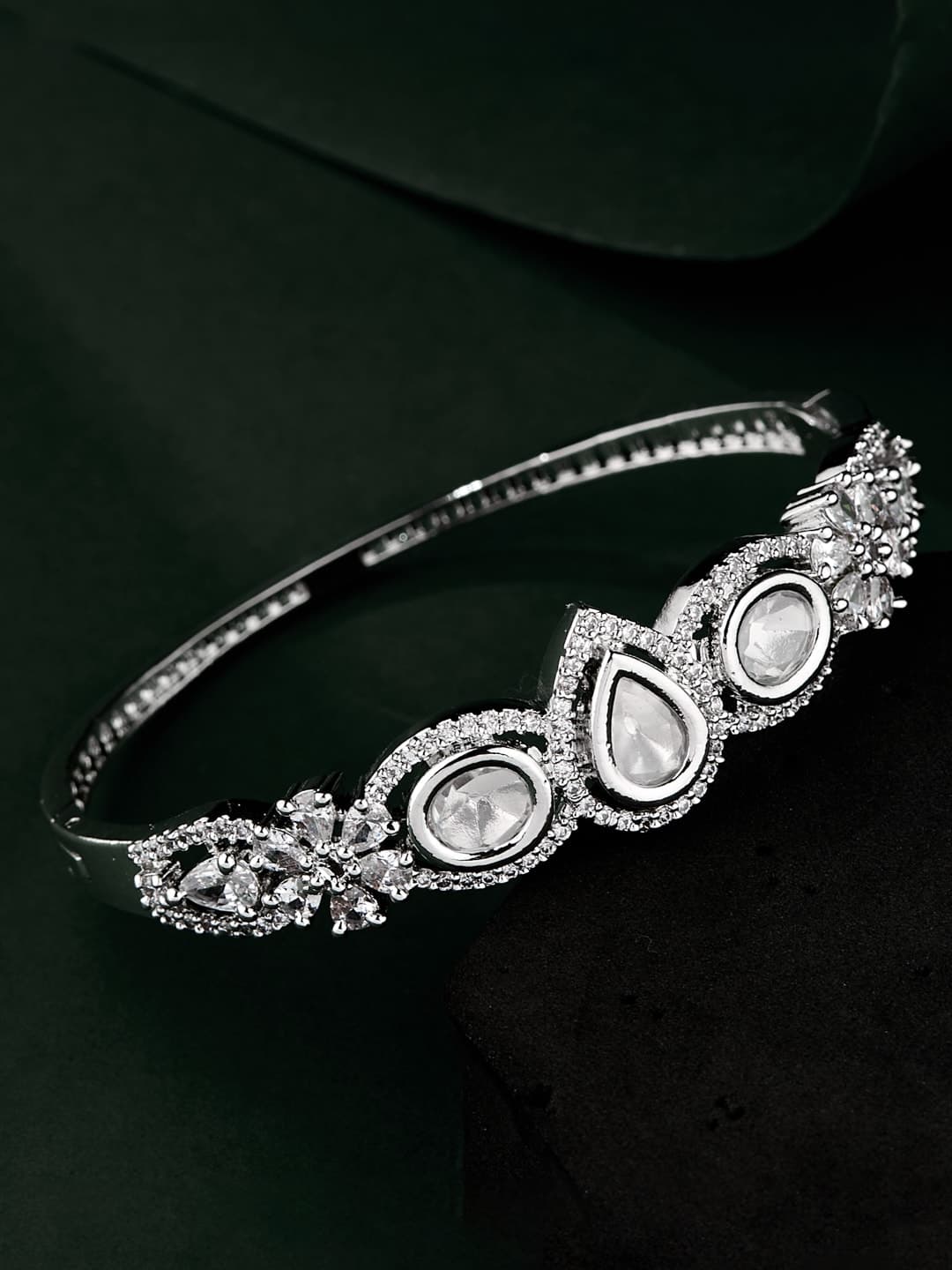 ATIBELLE Women Brass Cubic Zirconia Silver-Plated Kada Bracelet - Image 1