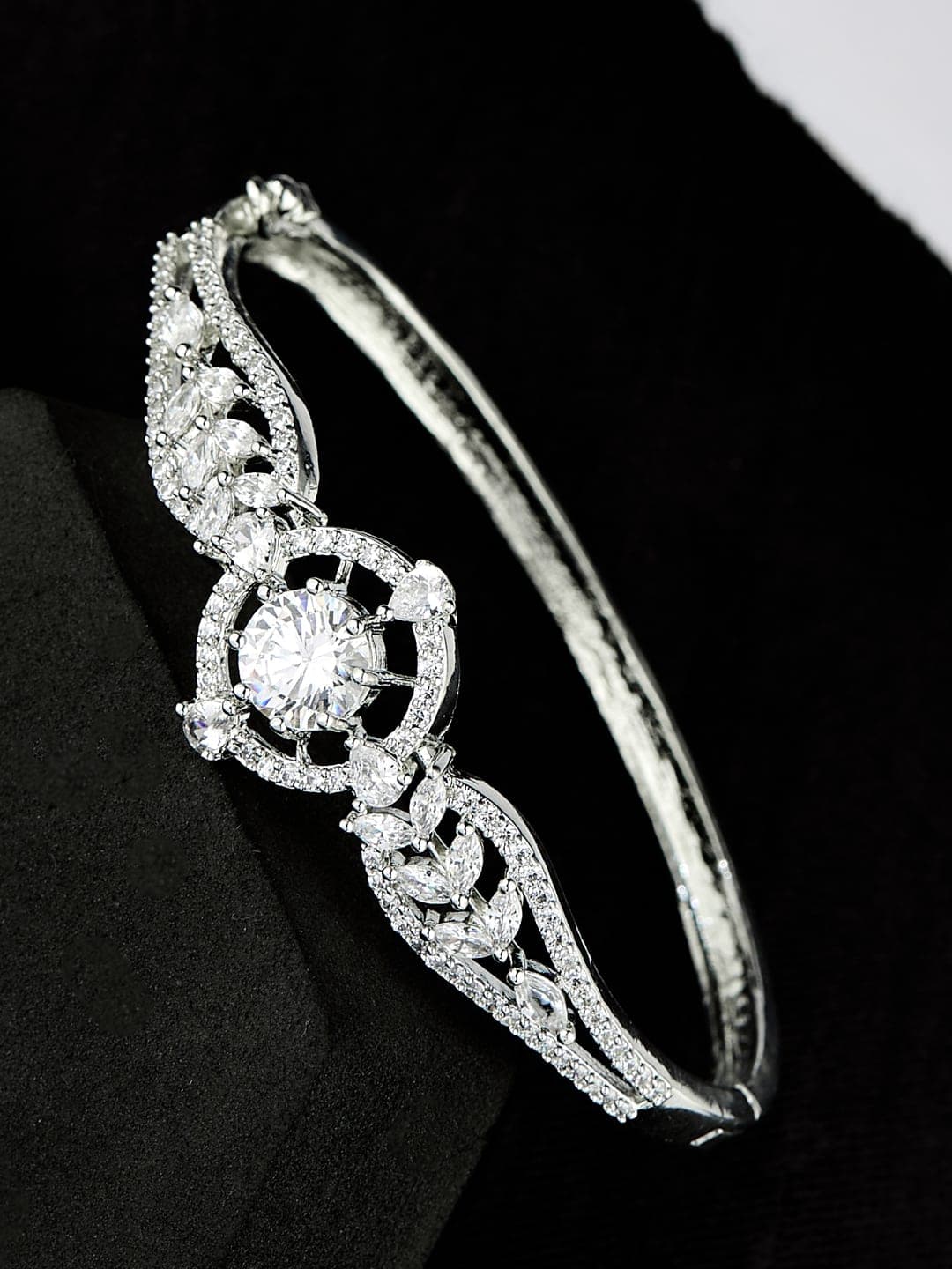 ATIBELLE Women Brass Cubic Zirconia Silver-Plated Kada Bracelet - Image 1