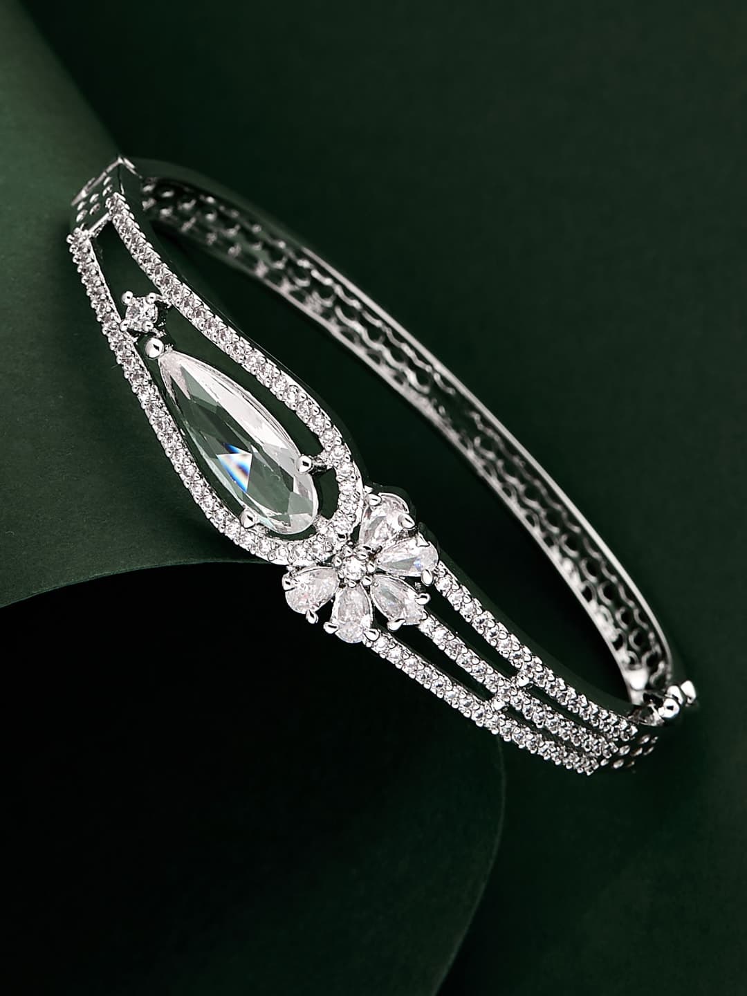 ATIBELLE Women Brass Cubic Zirconia Silver-Plated Kada Bracelet - Image 1