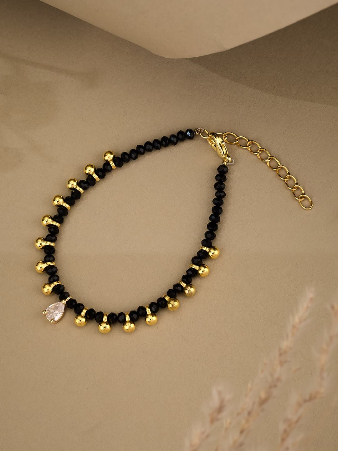 ATIBELLE Gold-Plated Artificial Stone Studded And Beaded Wraparound Bracelet - Image 1