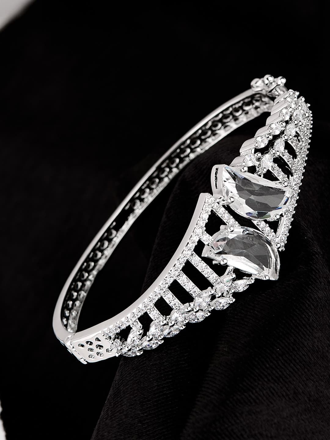 ATIBELLE Women Brass Cubic Zirconia Silver-Plated Kada Bracelet - Image 1