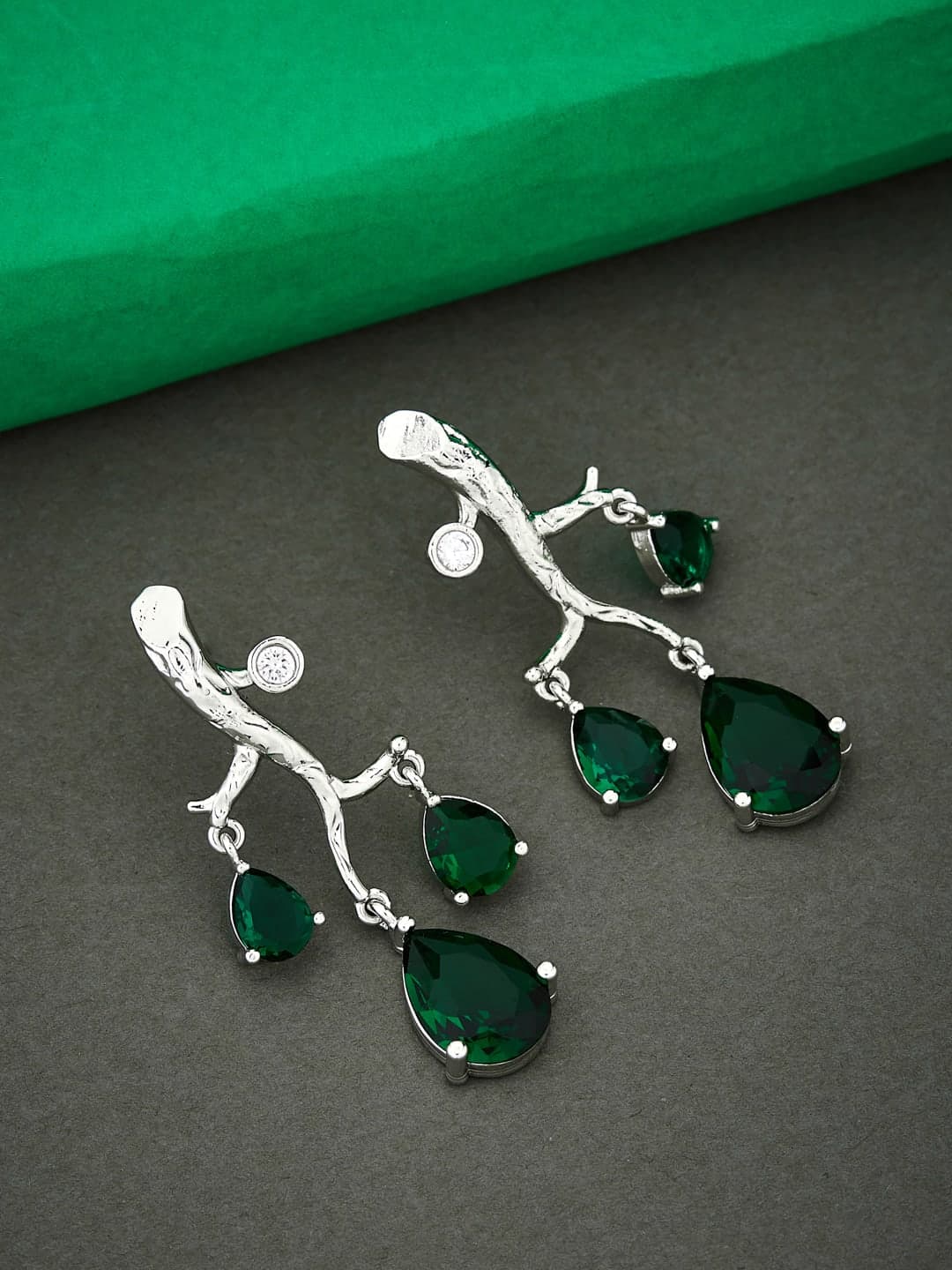 ATIBELLE Contemporary Silver Plated & Cubic Zirconia Stone Studded Drop Earrings