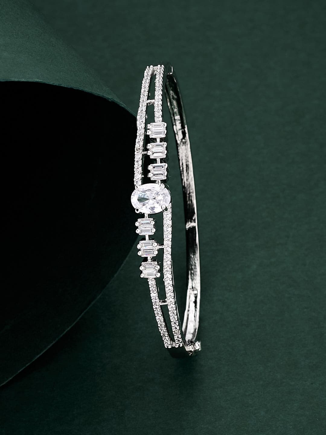 ATIBELLE Women Brass Cubic Zirconia Silver-Plated Kada Bracelet - Image 1