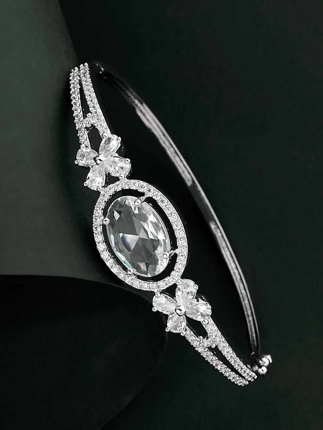 ATIBELLE Women Brass Cubic Zirconia Silver-Plated Kada Bracelet - Image 1