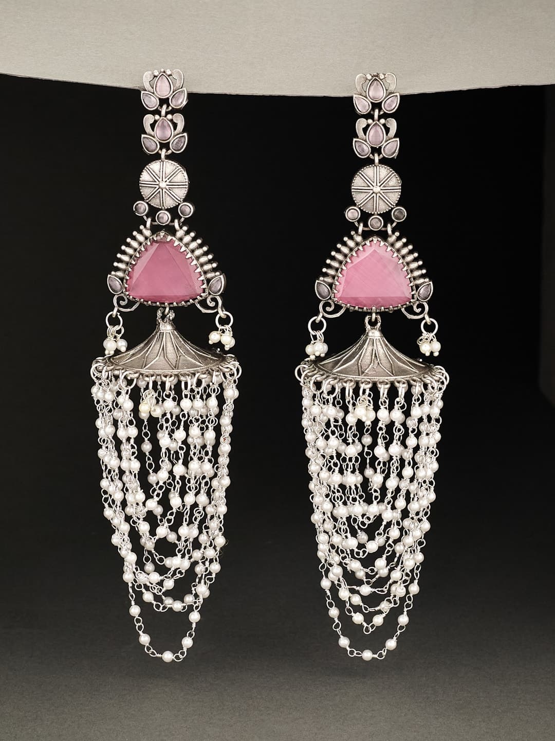 ATIBELLE German Silver Plated Artificial Stones Studded & Beaded Drop Earrings - Image 1