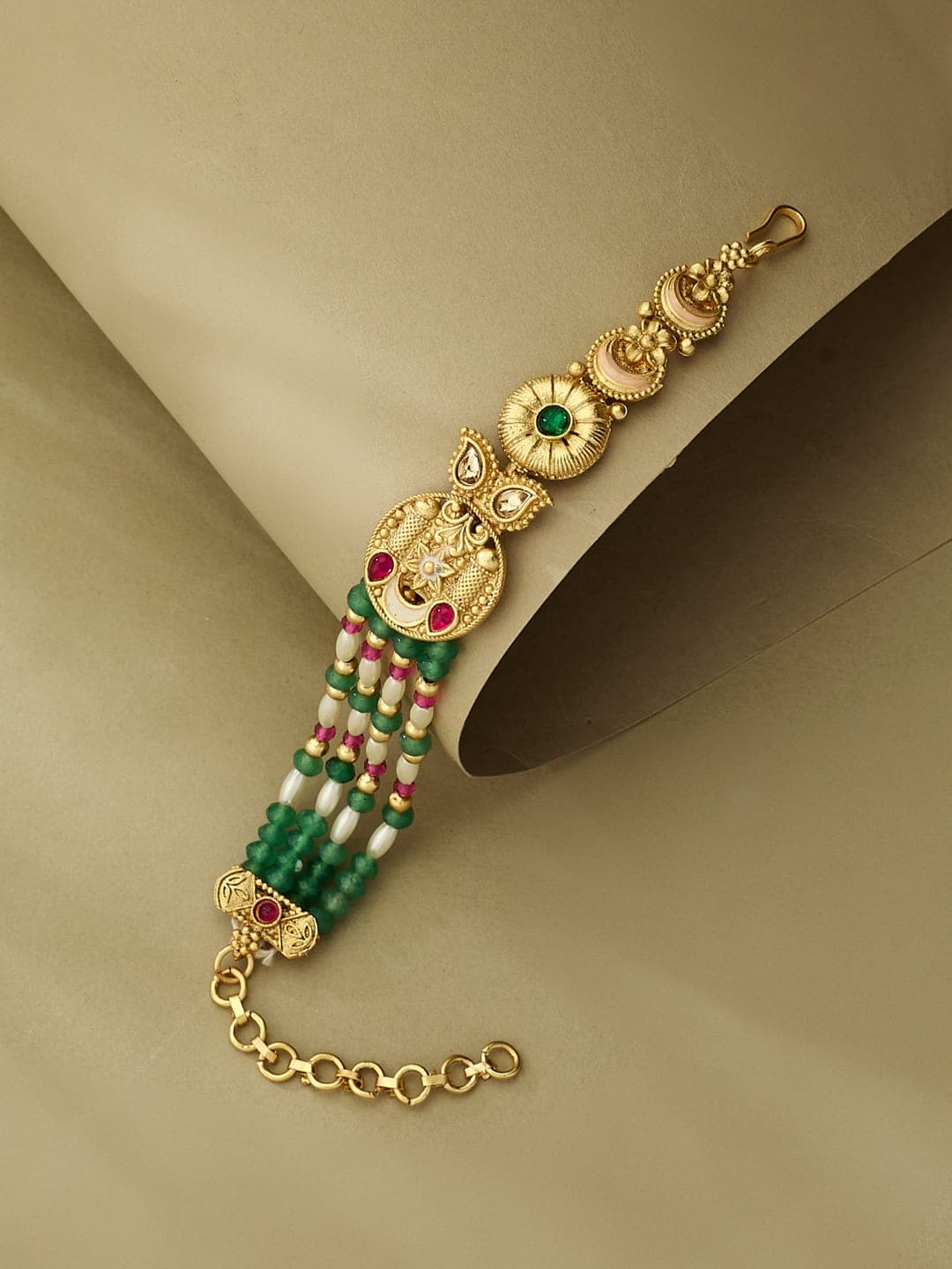 ATIBELLE Gold-Plated Artificial Stones Studded And Beaded Wraparound Bracelet