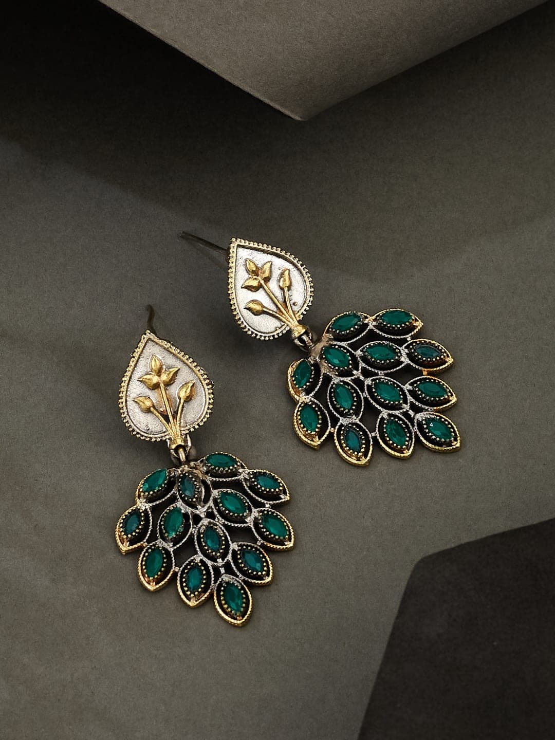 ATIBELLE German Silver Plated Artificial Stones Studded Contemporary Drop Earrings - Image 1