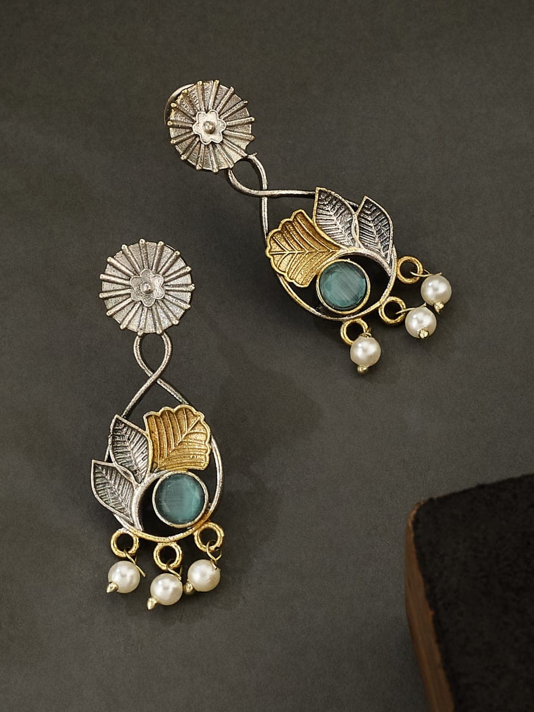 ATIBELLE German Silver Plated Artificial Stones Studded & Beaded Drop Earrings