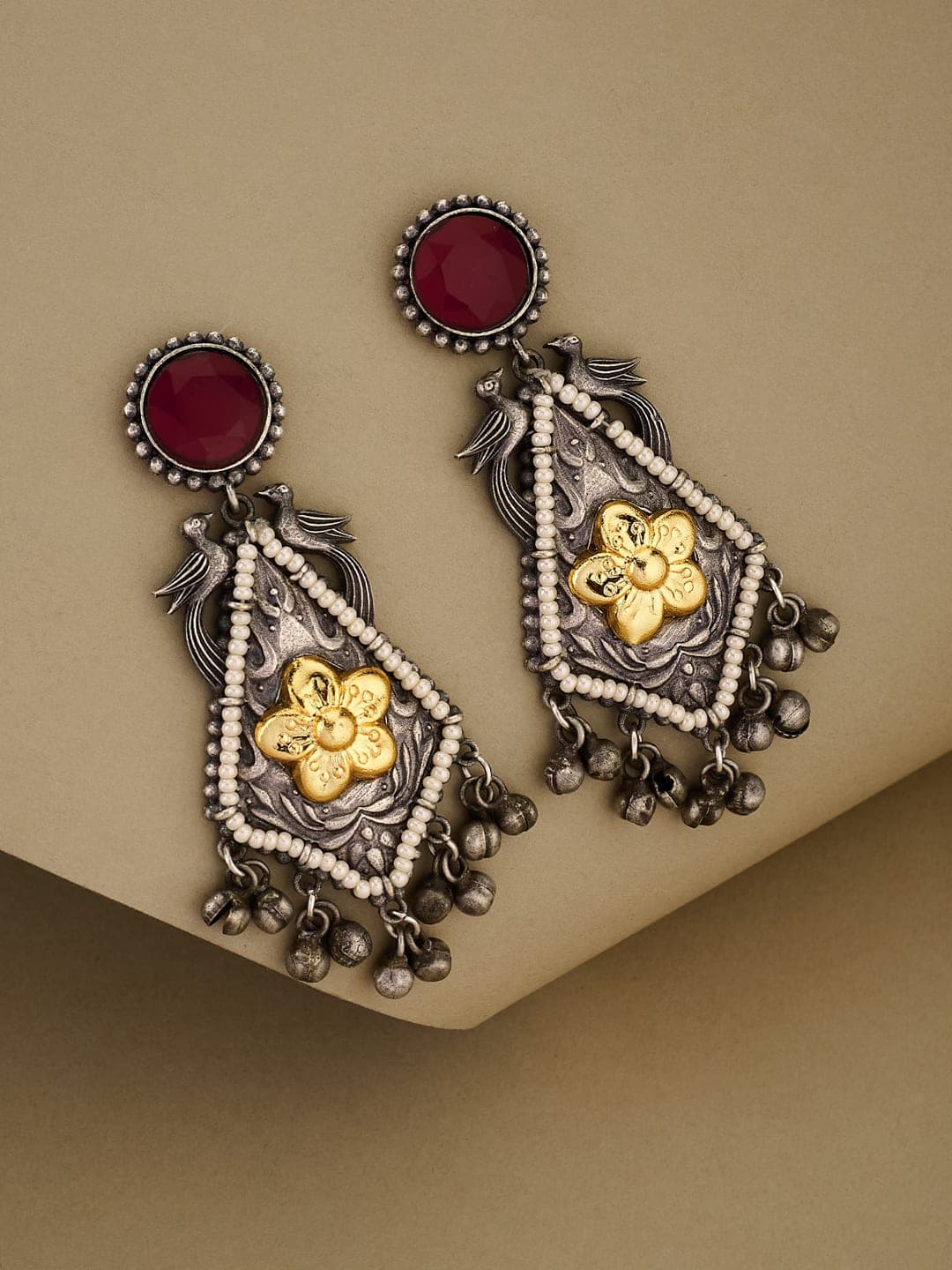 ATIBELLE German Silver-Plated Artificial Stone Studded & Beaded Contemporary Drop Earrings - Image 1