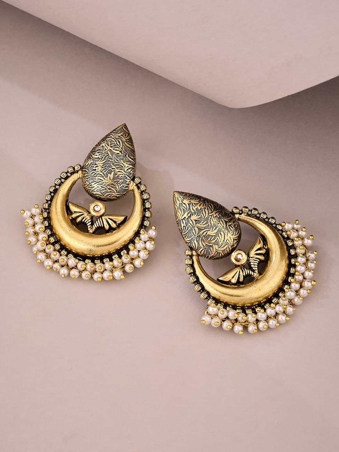 ATIBELLE German Silver Plated Kundan Stones Studded & Beaded Drop Earrings - Image 1