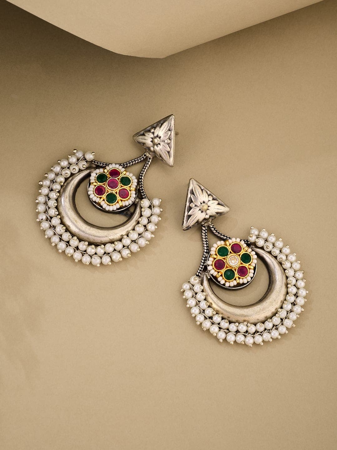ATIBELLE German Silver-Plated Artificial Stones Studded & Beaded Contemporary Chandbalis - Image 1