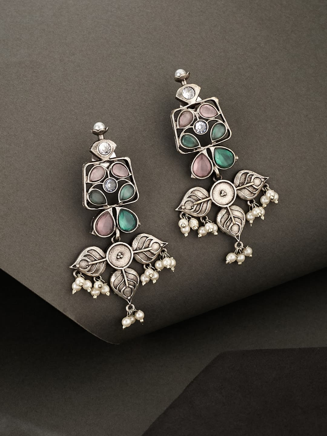 ATIBELLE German Silver-Plated Artificial Stones Studded & Beaded Shaped Drop Earrings - Image 1