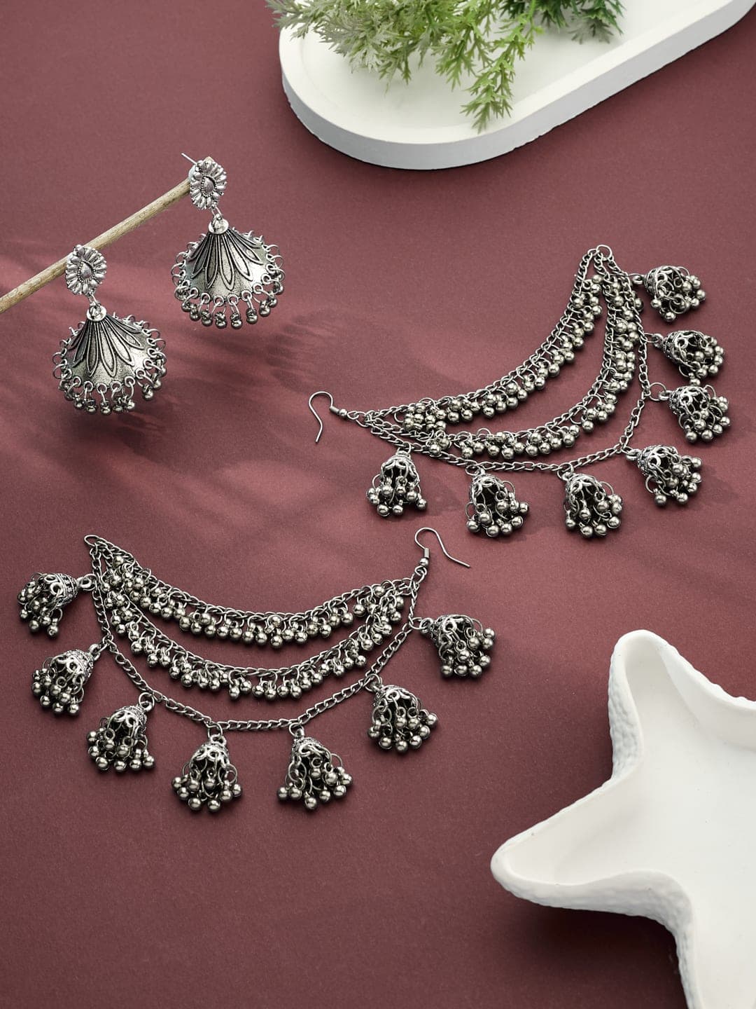 ATIBELLE German Silver-Plated Oxidised Dome Shaped Jhumkas With Earchain