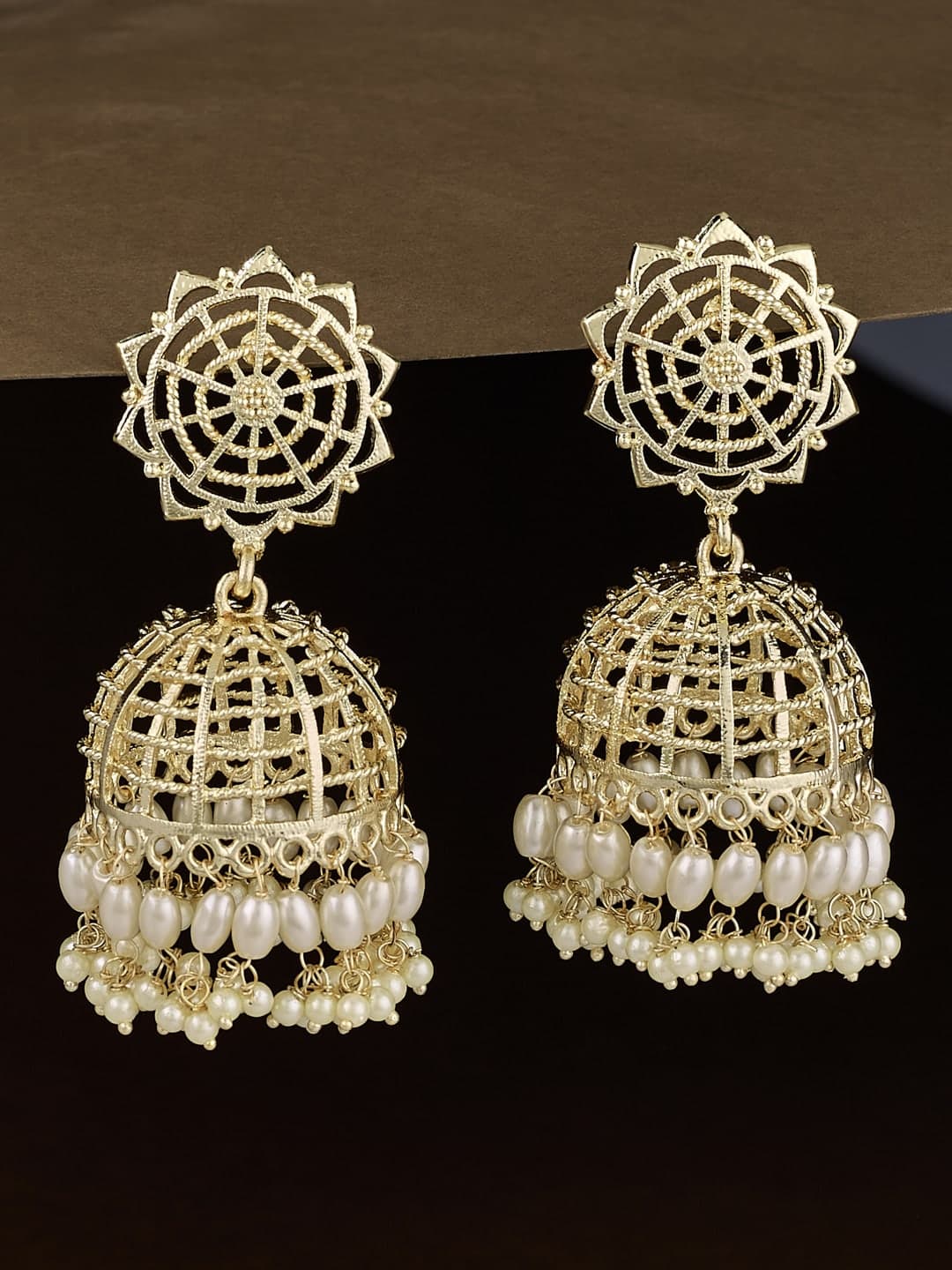 ATIBELLE Gold-Plated Pearls Beaded Dome Shaped Jhumakas - Image 1