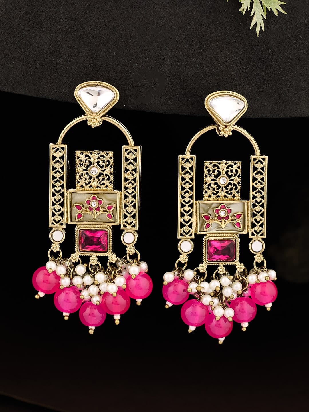 ATIBELLE Gold-Plated Kundan Studded & Beaded Floral Drop Earrings - Image 1