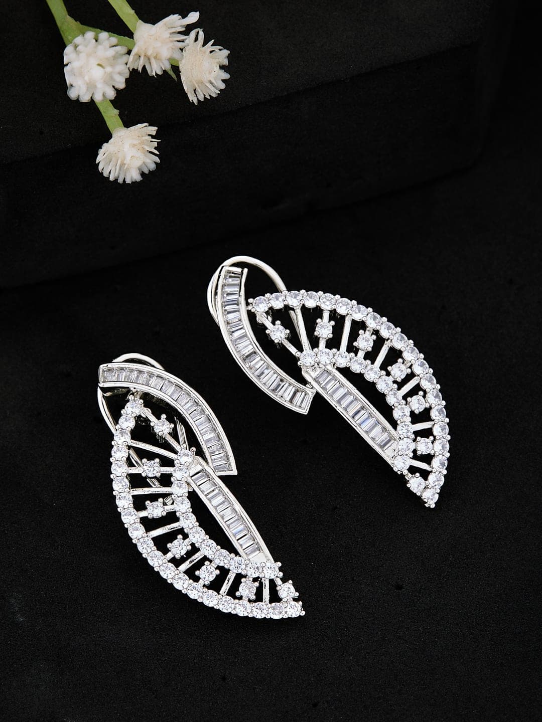 ATIBELLE Silver Plated Cubic Zirconia Studded Crescent Shaped Studs